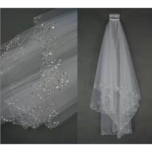 Ivory White Bridal Wedding Veil 2 Tier Elbow Sequin Sparkle Beaded +Comb