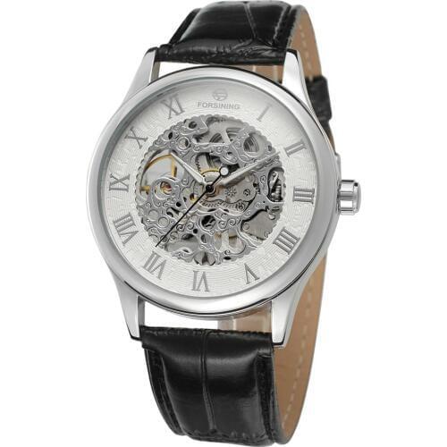FORSINING Fashion casual mens and womens leather watches silver alloy case watches automatic mechanical wrist watches