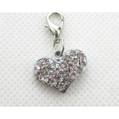 Hot selling 50pcs/lot crystal rhinestone heart dangle charms lobster clasp charms for glass floating lockets