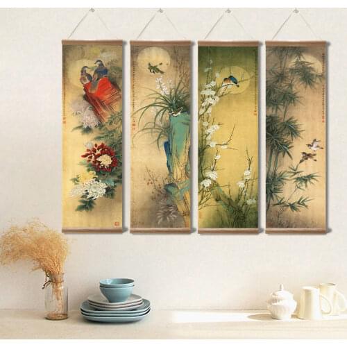 Chinese Style Flower Green Plants Animal Bird Canvas Decorative for Living Room Wall Art Solid Wood Scroll Paintings Home Decor