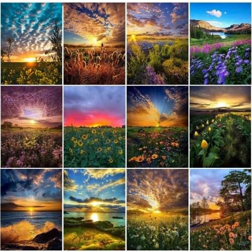 5D DIY Diamond Painting Sunset Flower Scenery Diamond Embroidery Decorative Painting Cross Stitch Kits Handicraft Needlework Art