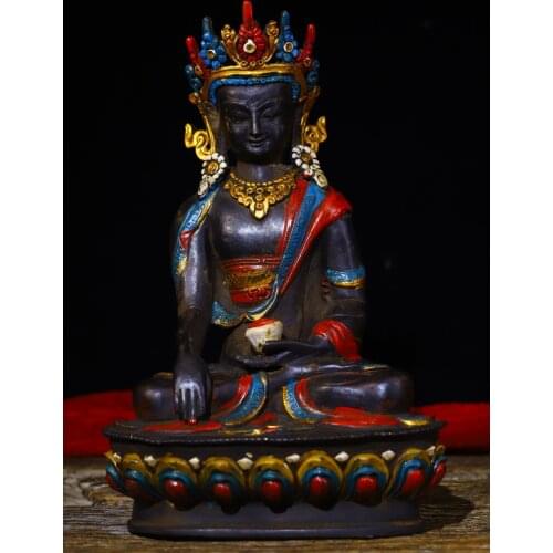 8"Chinese temple collection Old Bronze Tracing Medicine Buddha Great Buddha Tathagata Sitting Buddha Ornaments Town House