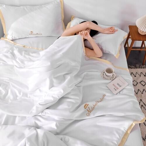 New 4PCS Set 100% Silk Bed Linens Air Condition Quilts Duvet Washed Cotton Throw Blankets Summer Solid Bedding Summer Comforter