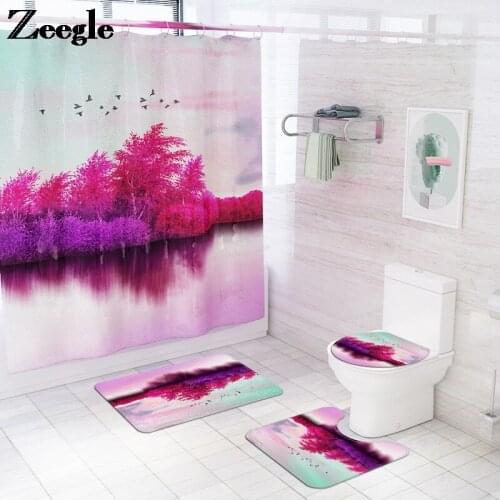 Creative Scenic Printed Bathroom Carpet Rugs Shower Room Decoration Bath Mat and Shower Curtain Set Non Slip Bathroom Rug