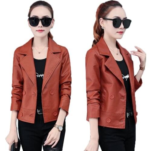 New Spring Autumn PU Leather Ladies Jacket Design Double Breasted Suit Collar Womens Leather Coat Motorcycle Outerwear Female