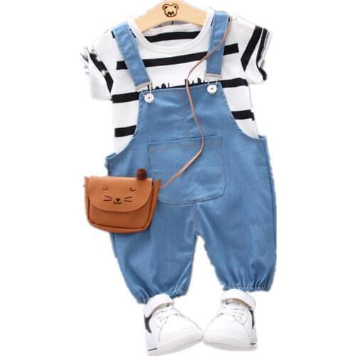 Summer Kids Fashion Clothes Children Boys Girls Striped T-shirt Overalls 2Pcs/Set Baby Cotton Clothing Sets Toddler Tracksuits