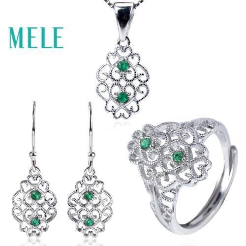 MELE Natural Emerald 925 silver jewelry set wtih 1.8mm round cut gems for women fashion and trendy fine jewelry chirstmas