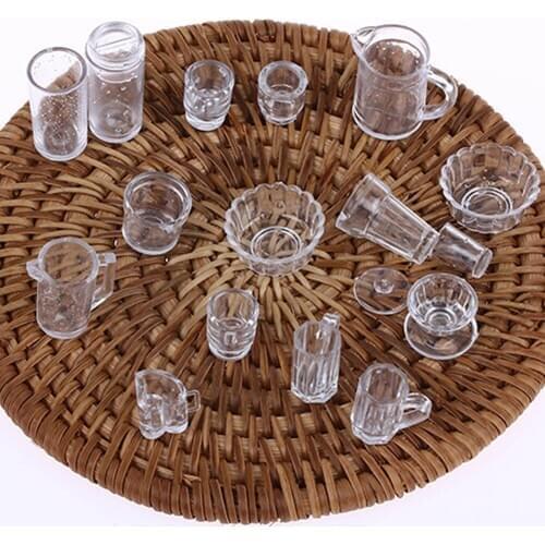 15PCS 1:12 Scal Acrylic Miniature Cup Dish Bowl Dollhouse Simulation Tableware Plate Set Doll Food Living Room Kitchen Kids Toys