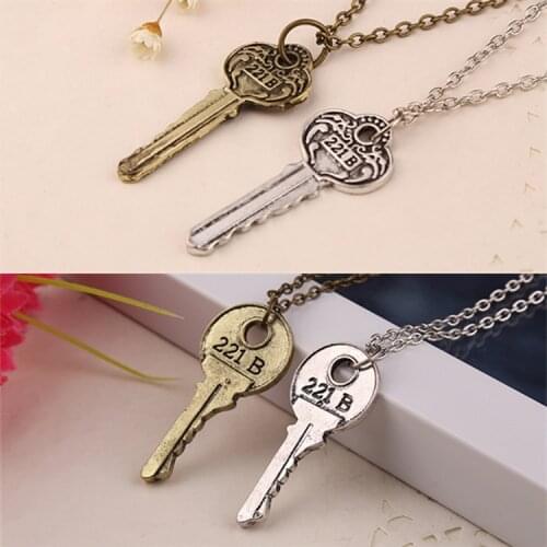 221B Key Necklace London Baker Street Sherlock Detective Fan Vintage Antique Silver Color Pendant Movie Jewelry Men Wholesale