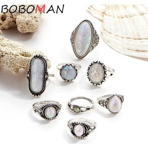 Womens Knuckle Ring Set Opal Joint Stackable Middle Finger Ring Bohemian Vintage Jewelry 8 pieces/set
