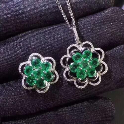 Real Natural Emerald jewelry set Natural Real Emerald 925 sterling silver 1pc pendant,1pc ring