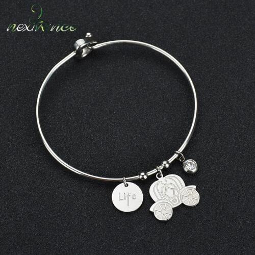 Nextvance Silver Color CZ Stone Life Pendant Bangles Cartoon Pumpkin Carriage Cinderella Bangle for Kids Gift Fairy Tale Jewelry
