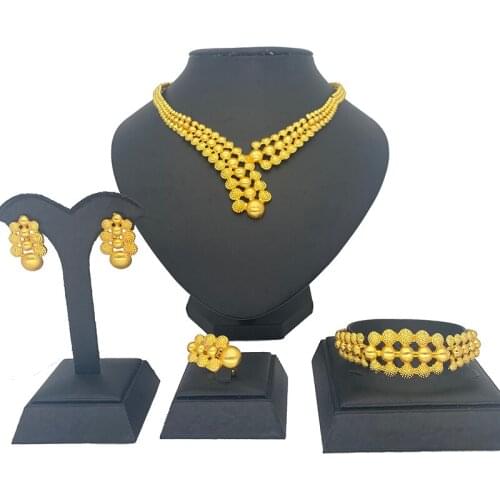 Nigeria Dubai Gold color jewelry sets African bridal wedding gifts party for women Bracelet Necklace earrings ring set collares