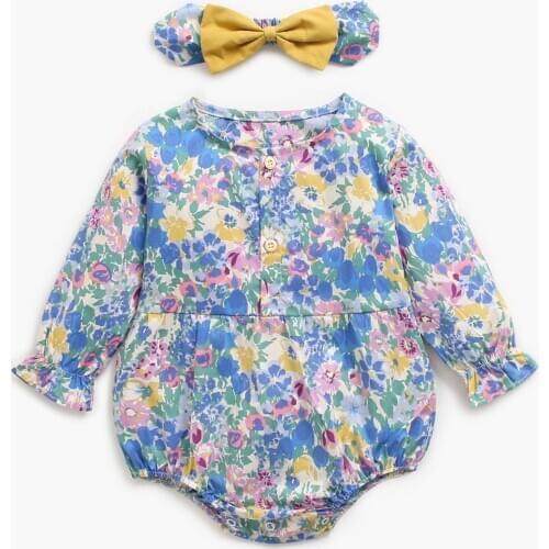 Autumn Infant Girl Suit Clothing Long Sleeve Floral Print Toddler Girls Bodysuit + Hairband Twins Baby Clothes For 0-2y Baby