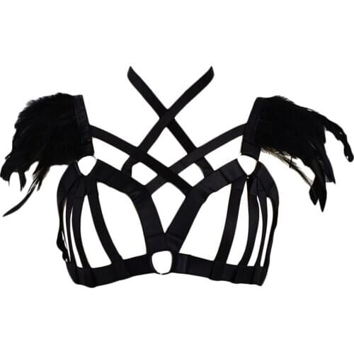 Sexy Punk Feather Harness Bra Pole Dance Body Bondage Belt Goth Lingerie Crop Top Cage Hollow Worn Outdoors Rave Body Harness