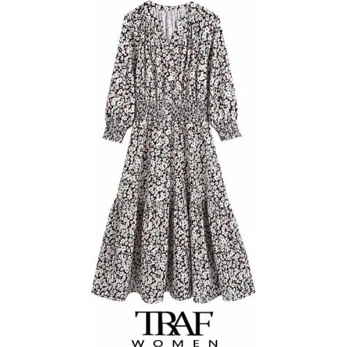 TRAF Za Women Fashion Floral Print Pleated Midi Dress Vintage Three Quarter Sleeve Elastic Waist Female Dresses Vestidos