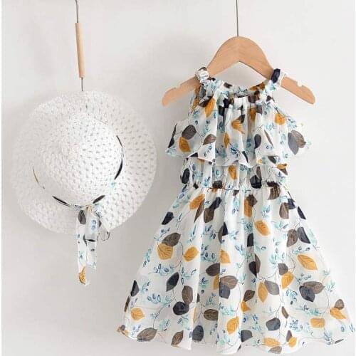 Girls Princess Dresses Bohemia Style Kids Floral Layered Vestidos With Hat Summer Children Sling Beach Clothing 3-7T