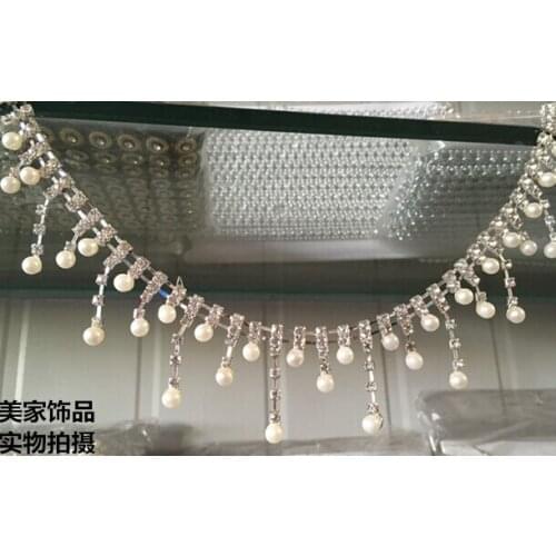 1M Clear Rhinestone Pearls Crystal Silver Tone Chain Costume Applique Trims Sewing 3.8cm