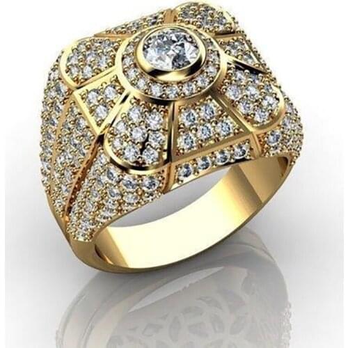 Punkboy Hot Sale Business Style Mens Gold Color Inlaid Full Crystal Rhinestone Zircon Metal Ring for Male Party Jewelry