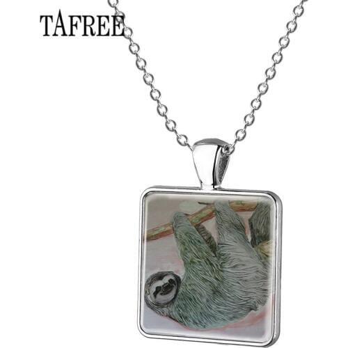 TAFREE South America Sloth Pendant Necklace Small Fast-moving Animal Glass Cabochon Pattern Necklace Chain Jewelry ZZ58