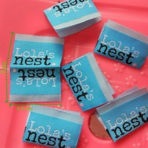 Custom damask blue polyester cloth woven label center fold clothing tags 33 mm * 50 mm