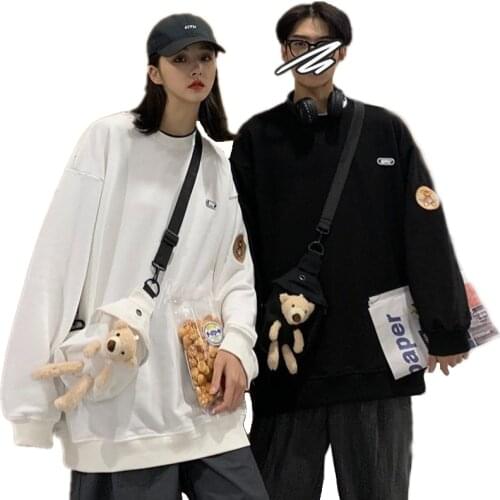 2021 Autumn Women Hip Hop Bear Embroidery Hoodies Unisex Couple O-Neck Drop-shoulder Sweatshirts Matching Bag Fashion Streetwear
