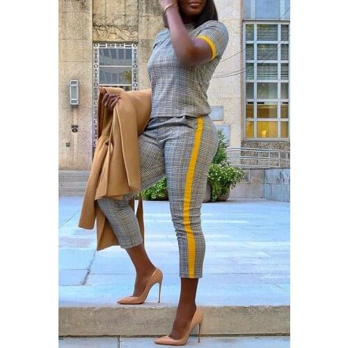 Ueteey New Two-piece Elegant Plaid Print O-Neck Two-piece Pants Set LS8031