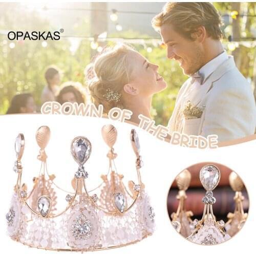 Vintage Royal Full Round Crown Alloy Rhinestone Beaded Tiaras Bridesmaid King Headband for Women Men PT