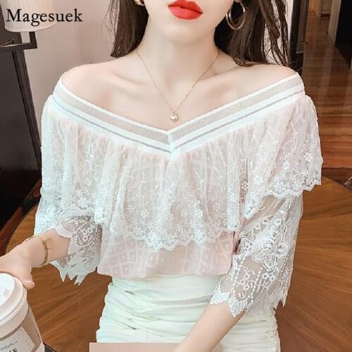 Summer New Lace Chiffon Blouse Women Ruffle Stitching Short Sleeve Shirt V-neck Slim Sweet Solid Korean Chic Crochet Tops 15473
