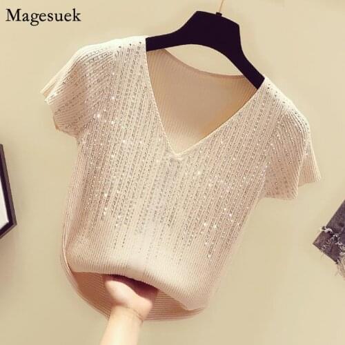 2021 Summer Short Sleeve Knitted Shirt Women Tops Korean Fashion Ice Silk Blouse V-neck Blouse Sexy Slim Ladies Top Blusas 14653