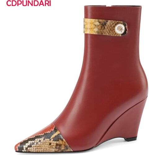 2022 Patchwork Genuine Leather Wedges Ankle Boots For Women Autumn Winter High Heels Boots Shoes Botines Mujer Botines Mujer