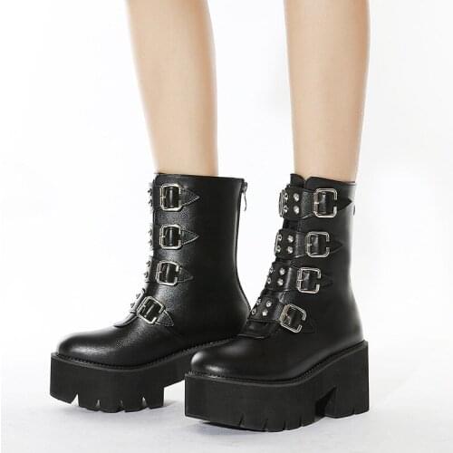 Winter Gothic Punk Womens Platform Boots Black Buckle Strap zipper Creeper Wedges Shoes Mid Calf Military Combat Boots544