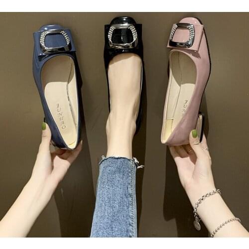 Plus Size Woman Low Heels Dress Shoes Patent Leather Boat Shoes Metal Slip on Chunky Heels Pumps Black Office Work Shoes C7811