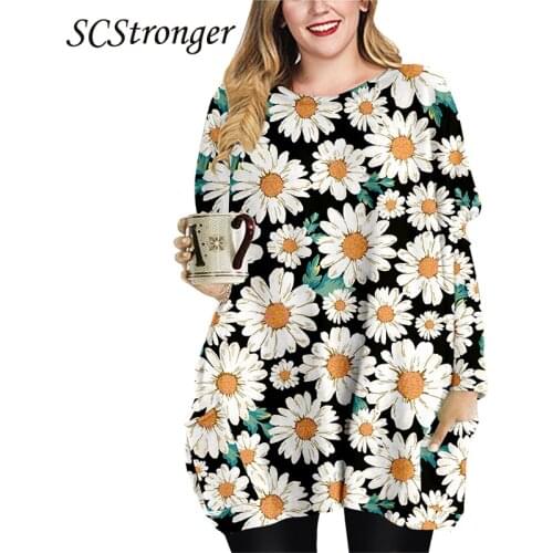 STRONGER Spring And Autumn New Dress Daisy Flower Polyester Plus Size Loose Long Sleeved Floral Dress Robe Grande Taille