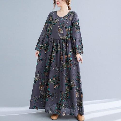 Women Cotton Linen Casual Dress New Arrival 2021 Autumn Vintage Style O-neck Print Loose Ladies A-line Long Dresses B793