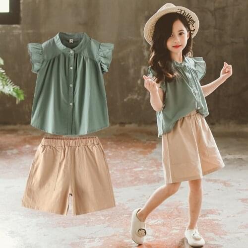 2021 new teenager Summer Kids Girls clothes Flying Sleeve blouse Shirt + Khaki Leisure loose Pants 4 5 6 7 8 9 11 12 13 14 years