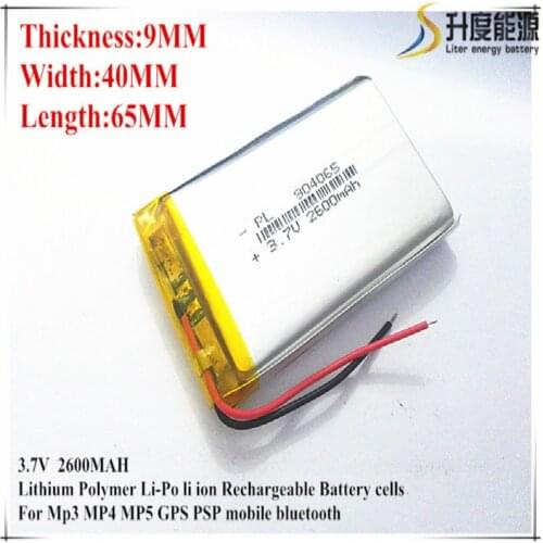 Free shipping Polymer battery 2600mah 3.7V 904065 smart home MP3 speakers Li-ion battery for dvr,GPS,mp3,mp4,cell phone,speaker