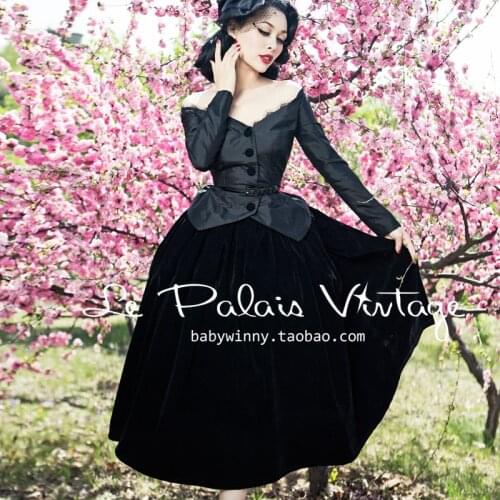 FREE SHIPPINF Le palais vintage elegant all-match classic black flat flannelette high waist puff skirt