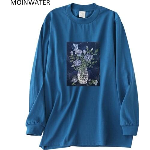 MOINWATER New Pattern Autumn Long Sleeve T shirts for Women Cotton Thick Fashion Blue Tees Female Spring Grey Tops MLT2131