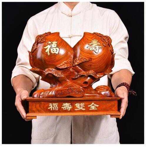 38CM Large GOOD gift HOME Spiritual Mascot # FU SHOU SHUANG QUAN Handmade Rosewood carving Longevity Peaches FENG SHUI statue