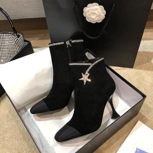 Genuine Leather Womens Boots Warm Autumn Winter Boots Fashion High Heels Boots Pointed Toe Ankle Boots Black Suede Boots