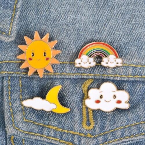 Smile Sun Moon Cloud Rainbow Enamel Pins Cartoon Smiley Face Weather Brooches for Kids Backpack Denim Jackets Lapel Pin Badge