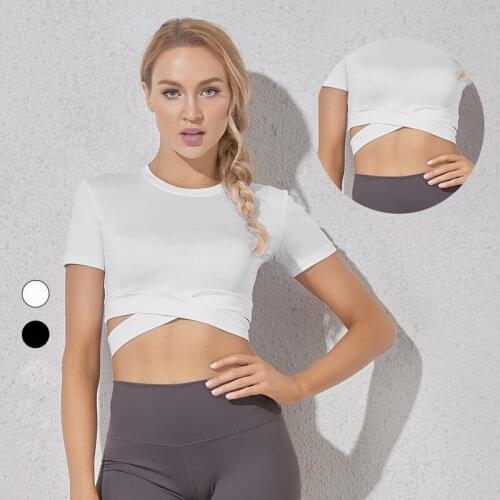 INFILAR Short Sleeves Yoga Shirts Fitness Gym Top Crosscriss Strappy Sportwear For Women Push Up Running Workout Running Tops