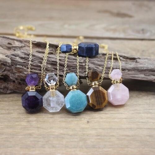 Faceted Stone Gems Perfume Bottle Pendants Chains Crystal Amethysts Sodalite Essential Oil Vial Charms Necklace Jewelry QC1059