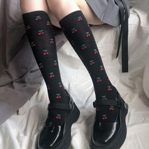 Personalized Long Socks Colorful Cotton Socks for Women Cherry Novelty Black and White Stockings Girls Lolita Cosplay Knee Socks