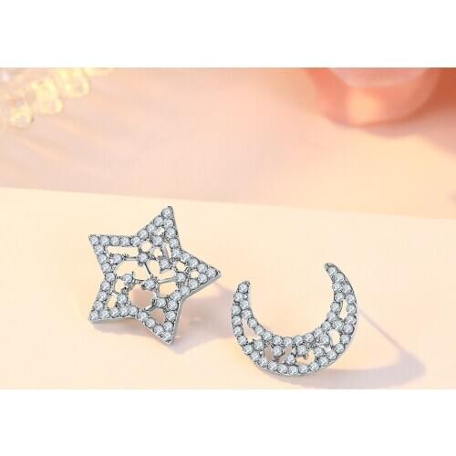 Exquisite Silver Color Post Asymmetric Stars Moon Stud Earrings Cute Sweet Zircon Crystal Earrings Girls Jewelry Gifts