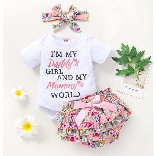 Daddys Girl Mommys World Print short Sleeve Romper Ruffled Floral Bloomers Shorts With Headband Set For Baby Girl Clothes