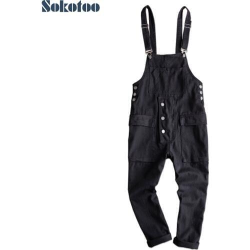 Sookotoo Mens loose pockets cargo hip hop bib overalls Coveralls Suspenders jumpsuits Black khaki