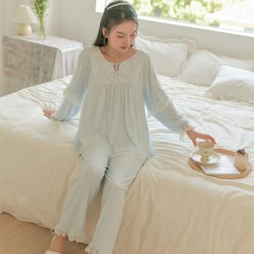 Hanxiuju Vintage Pajamas Sets For Women Sweet Soft Elegant Modal Lace Sleepwear Suits Girls Home Clothes
