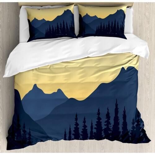 Woodsy Duvet Cover Set Silhouette of a Mountainous Landscape 3 Piece Bedding Set Pale Yellow Champagne Dark Night Blue and Dark